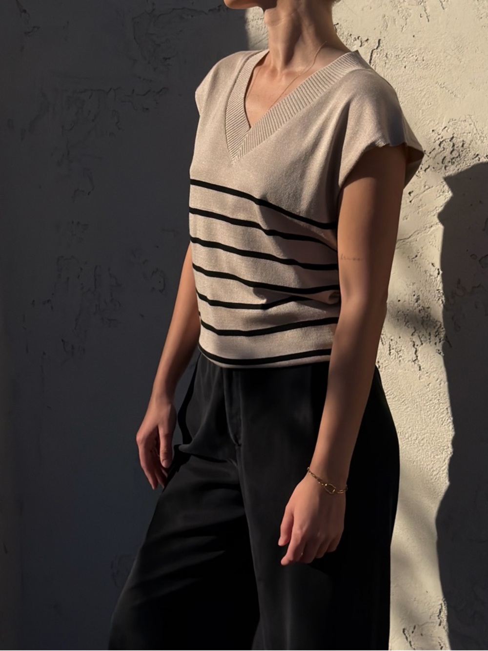 Beige V-Neck Knit Top with Black Stripes